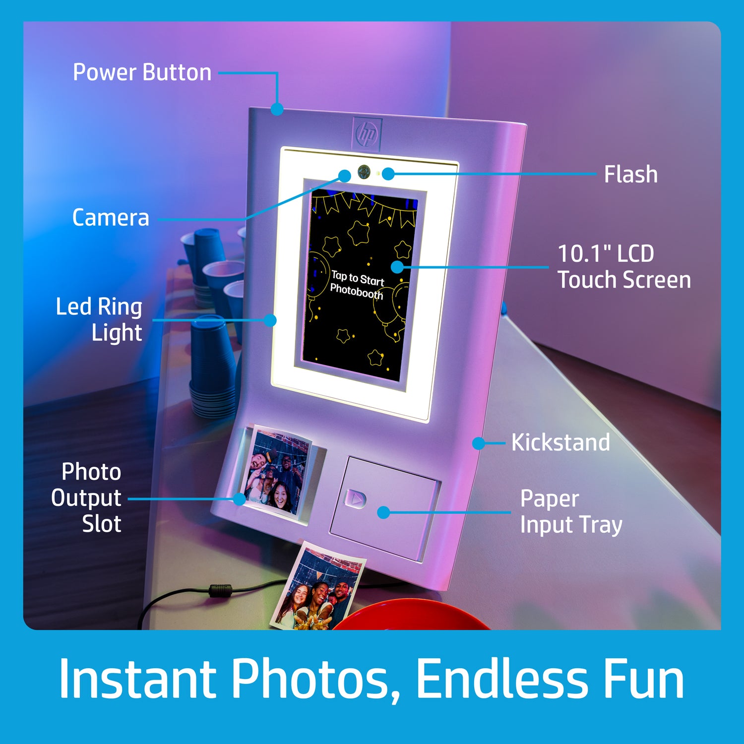 HP Sprocket Photobooth Instant 3x4” Color Photo Printer (White) Capture & Customize with 250+ Frames, Print on Zink Paper or Share via Wi-Fi. Photo Booth w/LED Ring Light, Touch Screen & Mobile App. Sprocket Printers