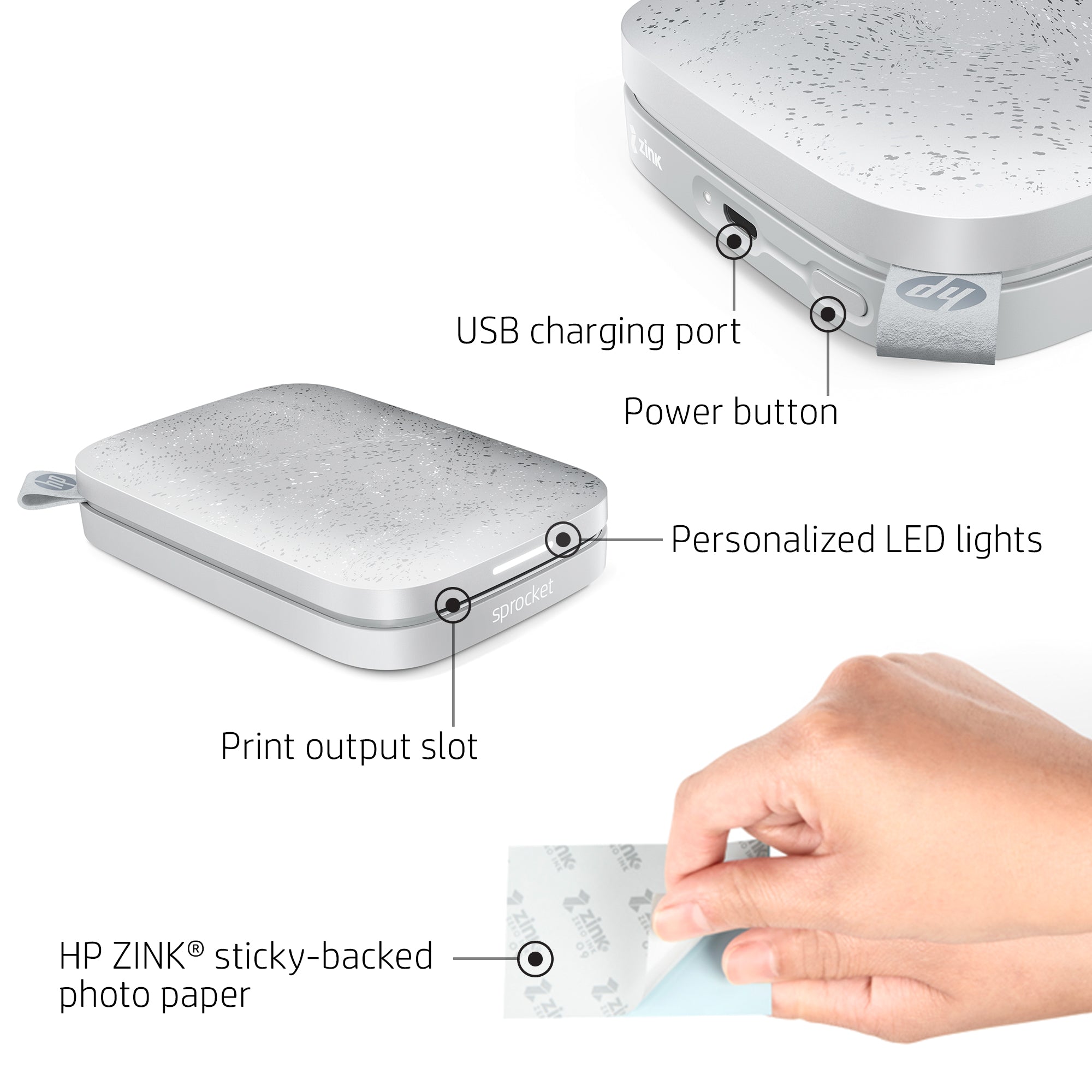HP Sprocket Portable Instant Photo Printer 2” x 3” Luna Pearl hpsprocket