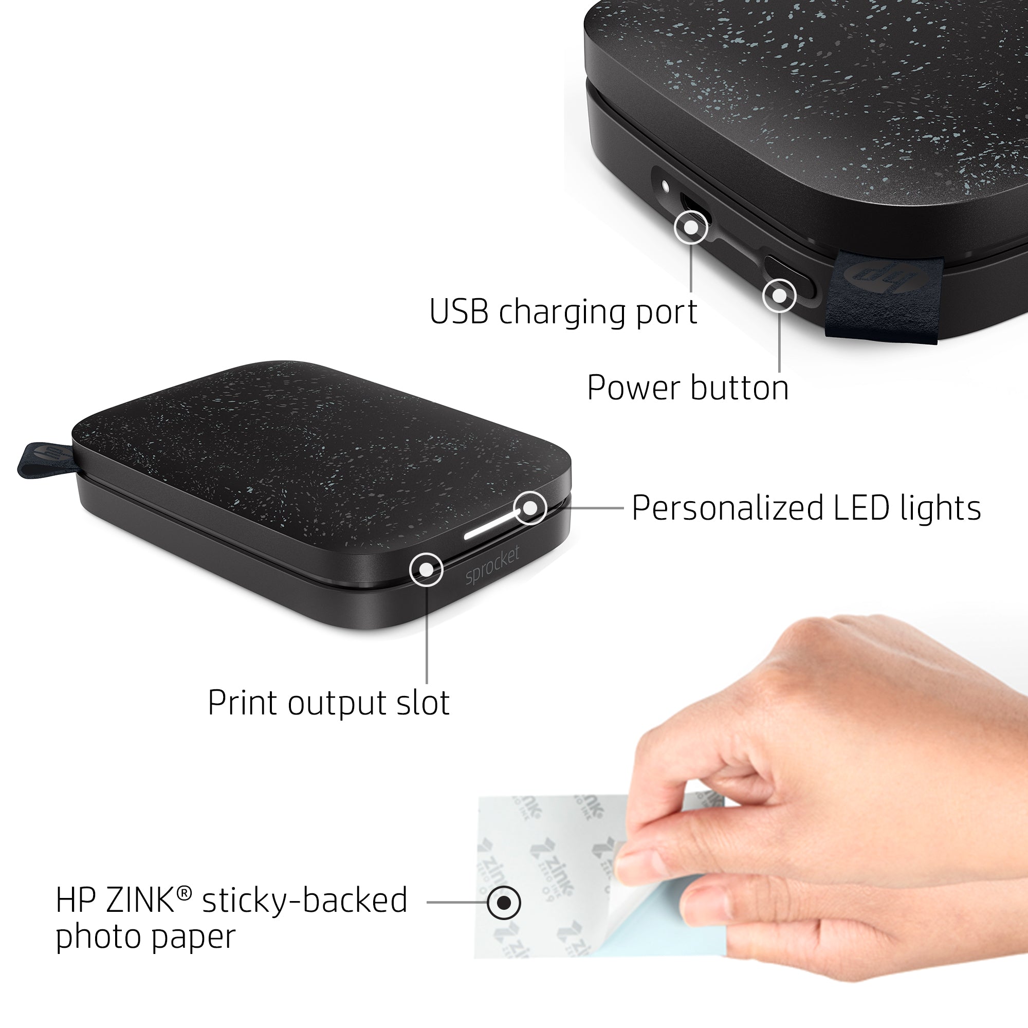 HP Sprocket Portable Instant Photo Printer 2” x 3” Black Noir