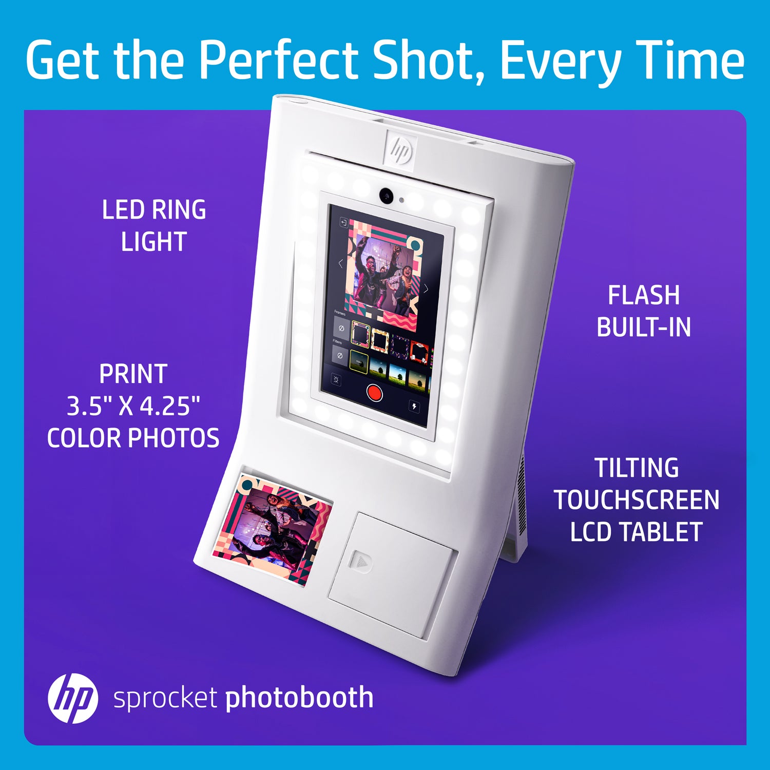 HP Sprocket Photobooth Instant 3x4” Color Photo Printer (White) Capture & Customize with 250+ Frames, Print on Zink Paper or Share via Wi-Fi. Photo Booth w/LED Ring Light, Touch Screen & Mobile App. Sprocket Printers