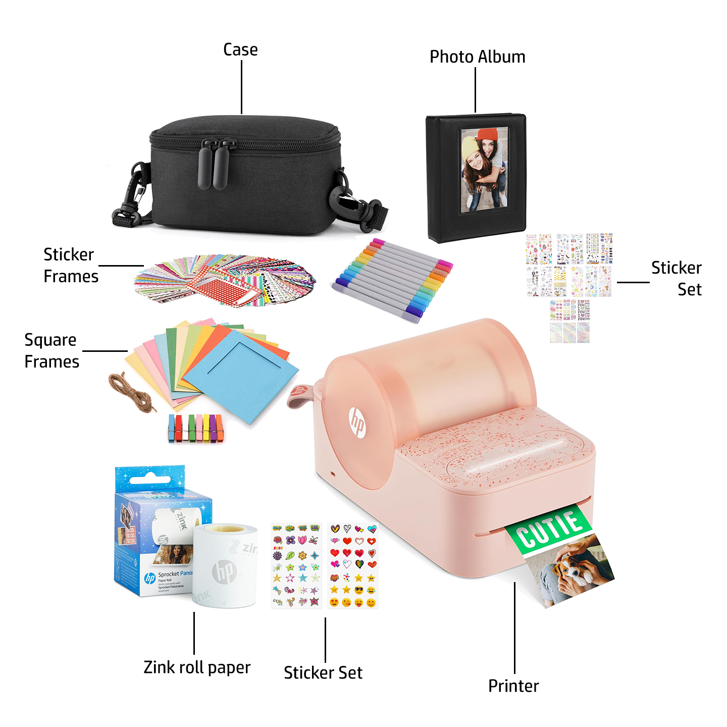 HP Sprocket Panorama Instant Portable Color Label & Photo Printer (Pink) Gift Bundle with case, HP Zink roll, photo album, markers, stickers and frames Sprocket Printers