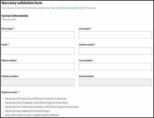 Contact information of the warranty validation form
