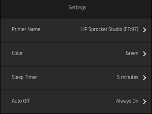 Example of default Sleep Timer and Auto Off settings in the HP sprocket app